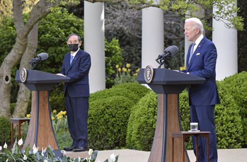 US-Präsident Joe Biden und Japans Ministerpräsident Yoshihide Suga bei einer Pressekonferenz im Rosengarten des Weißen Hauses Foto: dpa