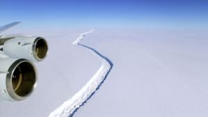 Ein gewaltiger Riss im sogenannten Larsen-C-Schelfeis in der Antarktis trennt das Eis zunehmend vom Festland. So konnte dort ein neuer, riesiger Eisberg entstehen. Foto: dpa/NASA/John Sonntag