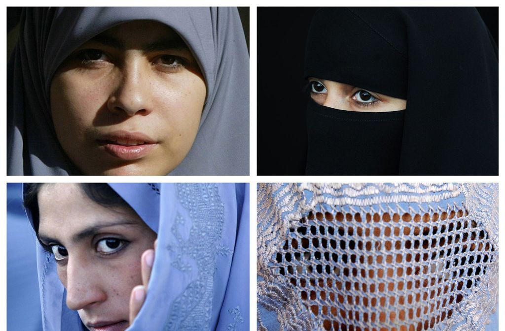Verschiedene Formen der Verschleierung im Islam: Ein Hijab (oben links), ein  Niqab (oben rechts) ein Tschador (links unten) und eine Burka (rechts unten).