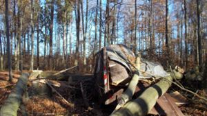 Im Zuge der mutwilligen Baumfällungen ist bei Leonberg-Höfingen ein Waldarbeiterwagen zerstört worden Foto: Polizei Ludwigsburg