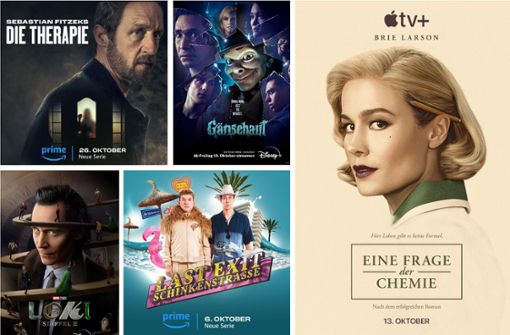 Fünf unserer Serientipps im Oktober: „Die Therapie“, „Gänsehaut“, „Eine Frage der Chemie“, „Last Exit Schinkenstraße“ und „Loki“ (von links oben im Uhrzeigersinn) Foto: Amazon Prime (2), Disney+ (2), Apple TV+