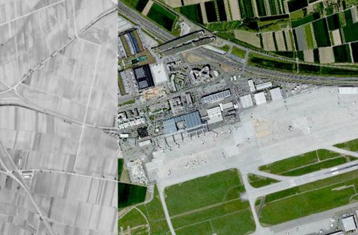 Einst Feld, heute Flughafen und Landesmesse: Luftbilder-Vergleich auf den Fildern 1968 und heute. Weitere Eindrücke aus dem Online-Luftbilderatlas zeigt die Fotostrecke. Foto: LGL