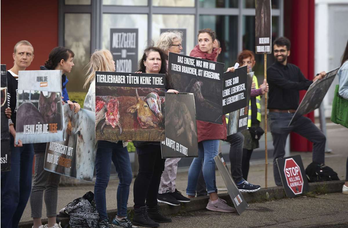 Demonstranten säumten den Gehweg an der Sulzbacher Straße in Backnang, hielten Schilder in die Höhe und  protestierten vor dem Firmengebäude gegen den  Schlachtbetrieb. Foto: Gottfried Stoppel
