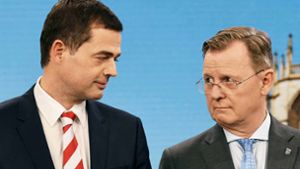 Der Linke Bodo Ramelow (rechts) schlägt seine Vorgängerin  als Chefin einer Übergangsregierung vor – CDU-Landeschef Mike Mohring stellt dafür Hürden auf. Foto: dpa/Martin Schutt