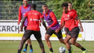 Daniel Didavi spielt im Training den Ball zu Orel Mangala: Der VfB Stuttgart bereitet sich auf Jahn Regensburg vor. Foto: Pressefoto Baumann