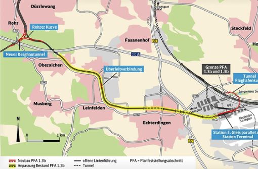Lageplan der Trasse im Planfeststellungsabschnitt 1.3b der Gäubahnführung mit Tunneln und Stationen Foto: Bahnprojekt Stuttgart-Ulm/cf