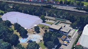 So soll die wintertaugliche Traglufthalle über dem Schwimmbecken einmal aussehen. Foto: Google Earth/Montage:FSSF Architekten