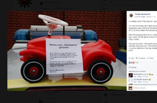 Nicht ganz ernst gemeinte Suche über Facebook: Die Polizei Osnabrück hat ein Foto von einem roten Bobbycar auf Facebook veröffentlicht und sucht den Besitzer. Foto: Facebook/Polizei Osnabrück