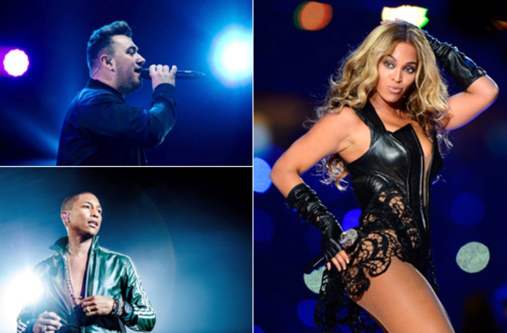 Pop-Diva Beyonce, Sänger Pharrell Williams (unten) und der britische Singer-Songwriter Sam Smith haben gleich sechs Chancen auf eines der goldenen Grammophone bei den Grammy Award am Sonntagabend (Nacht zum Montag, 9. Februar, MEZ) in Los Angeles. Foto: dpa