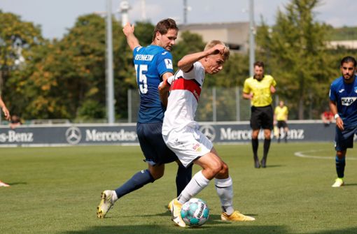 Duell um den Ball: TSG-Stürmer Nick Proschwitz bedrängt Julian Kudala. Foto: Pressefoto Baumann/Volker Müller