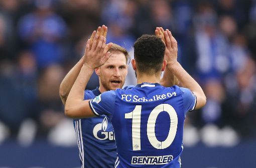 Nabil Bentaleb und Benedikt Höwedes (links) bejubeln das 3:0 gegen Augsburg nach dem Spiel Foto: dpa