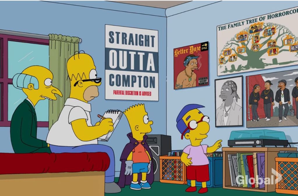 Die Simpson-Veteranen machen sich mit der Geschichte des Rap vertraut. Das Plakat über Bart macht klar, welcher Kinofilm für die Folge „Der große Phatsby“ mit Pate stand: „Straight outta Compton“.