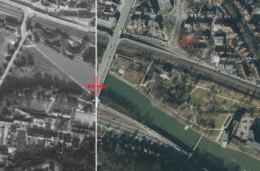 Der Merkelpark in Esslingen früher und heute. Foto: Stadtmessungsamt/Plavec