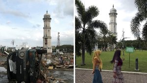 Zehn Jahre nach dem Tsunami in Thailand. Wir haben die Bilder im Vergleich: Direkt nach dem Unglück und heute, zehn Jahre später. Foto: EPA