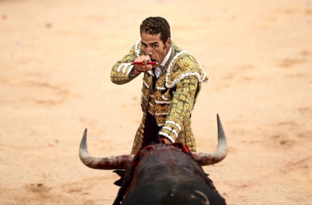 Entscheidung in Pamplona: Stierkämpfer Pepe Moral vor dem gezielten Degenstoß zwischen die Schulterblätter des Stiers Foto: AP