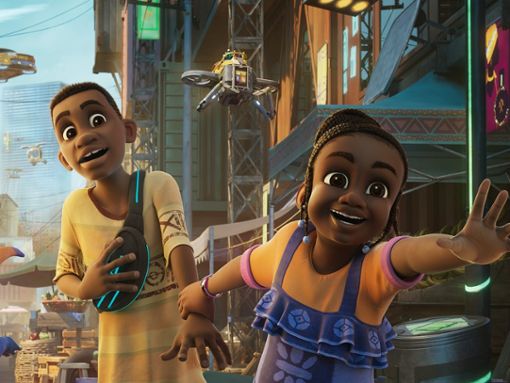 In der neuen Disney-Animationsserie Iwájú begeben sich die junge Tola und ihr Freund Kole auf ein großes Abenteuer. Foto: Disney