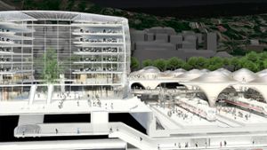 Auf diesem Computerbild und in der Ausstellung im sechsten Stock des Bahnhofsturms lassen sich die Ausmaße des Neubaus gegenüber dem Bonatz-Bau erahnen Foto: ingenhoven architects