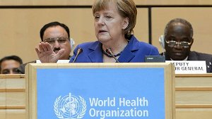 Angela Merkel spricht bei der Eröffnung der diesjährigen Weltgesundheitsversammlung in Genf. Foto: dpa