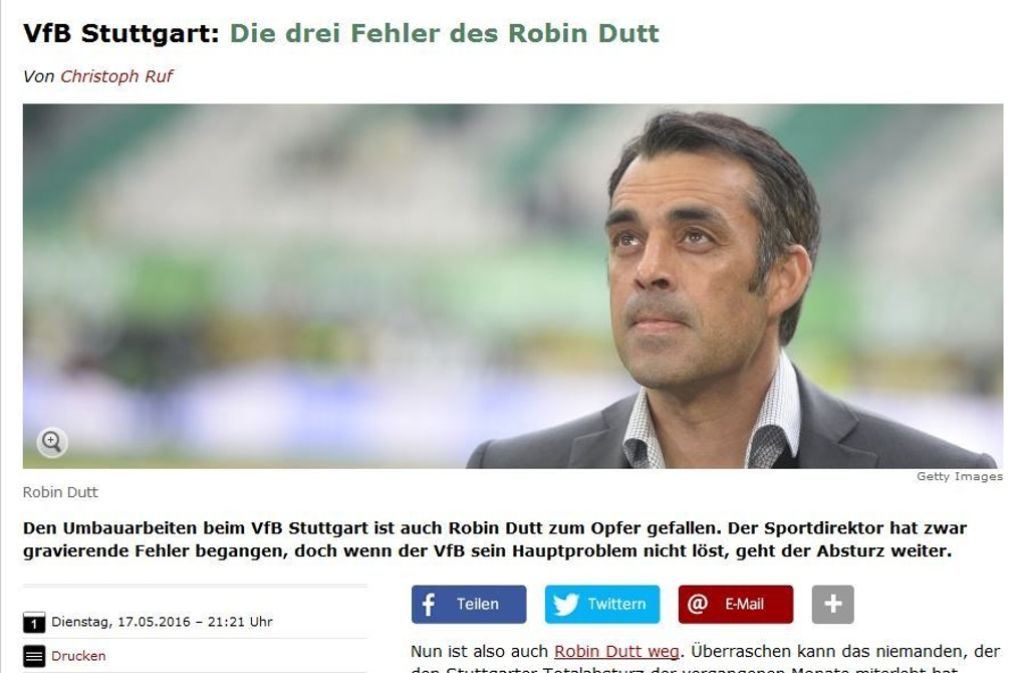 Nach der Entlassung von Sportdirektor Robin Dutt beim VfB Stuttgart listet Spiegel Online drei Fehler des Funktionärs in seiner Amtszeit auf.