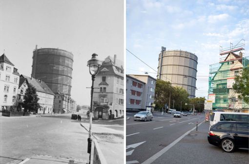 Der Gaskessel 1942 und heute – klicken Sie für einen detaillierten Vergleich und weitere Motive durch die Fotostrecke. Foto: Stadtarchiv, Lg/Piechowski / Montage: Plavec