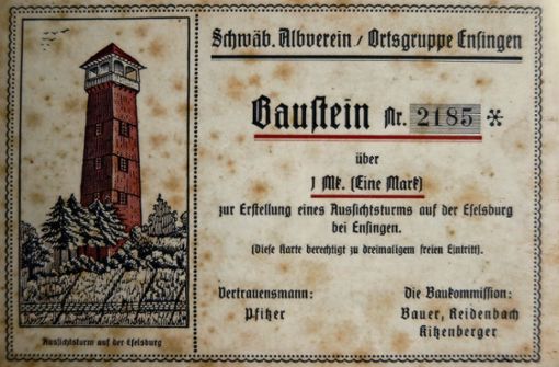 Symbolischer „Baustein“ für den Eselsbergturm Foto: Stadtarchiv Vaihingen