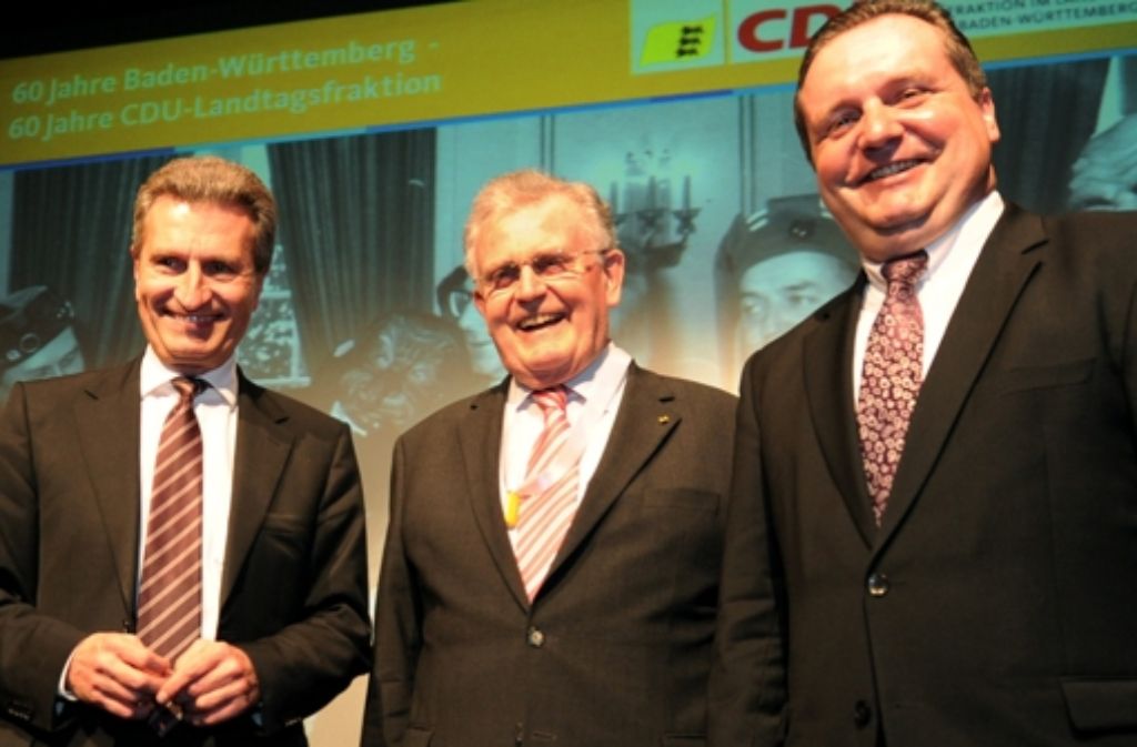Die drei ehemaligen CDU-Ministerpräsidenten von Baden-Württemberg (von links), Günther Oettinger, Erwin Teufel und Stefan Mappus. Die CDU feiert mit einer Fraktionssitzung das 60-jährige Jubiläum der CDU-Landtagsfraktion. Foto: dpa