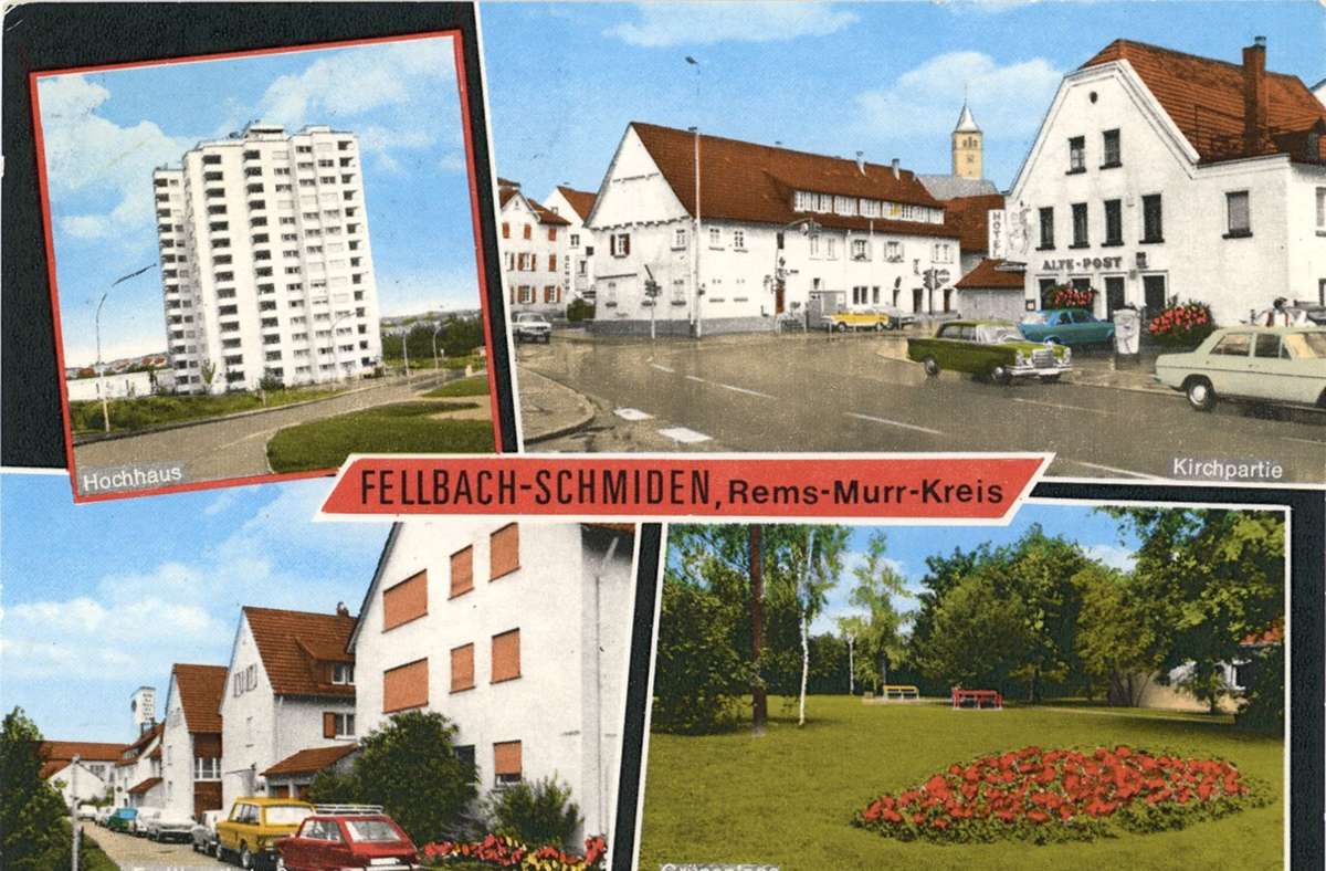 Eine Karte, entstanden in den 70er-Jahren, zeigt, was damals als modernes Aushängeschild für Schmiden betrachtet wurde wie Hochhäuser und Infrastruktur mit breiten Kreuzungen.
