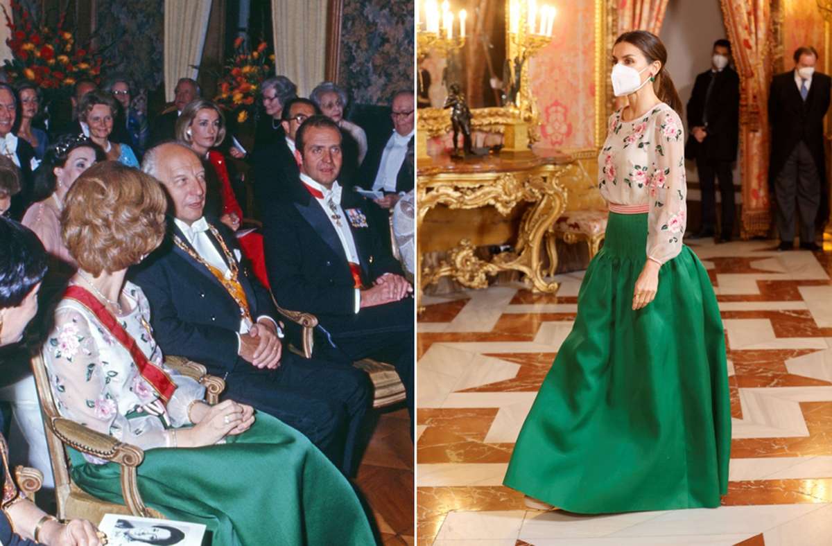 Ein Kleid, getragen im Abstand von 45 Jahren: Königin Sofía im Jahr 1977 (links), ihre Schwiegertochter Letizia im Jahr 2022.