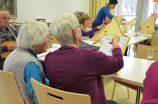 Senioren spielen Veeh-Harfe. Hermann Veeh hat das Instrument einst  für seinen Sohn mit Down-Syndrom entwickelt. Foto: Wiebke Wetschera
