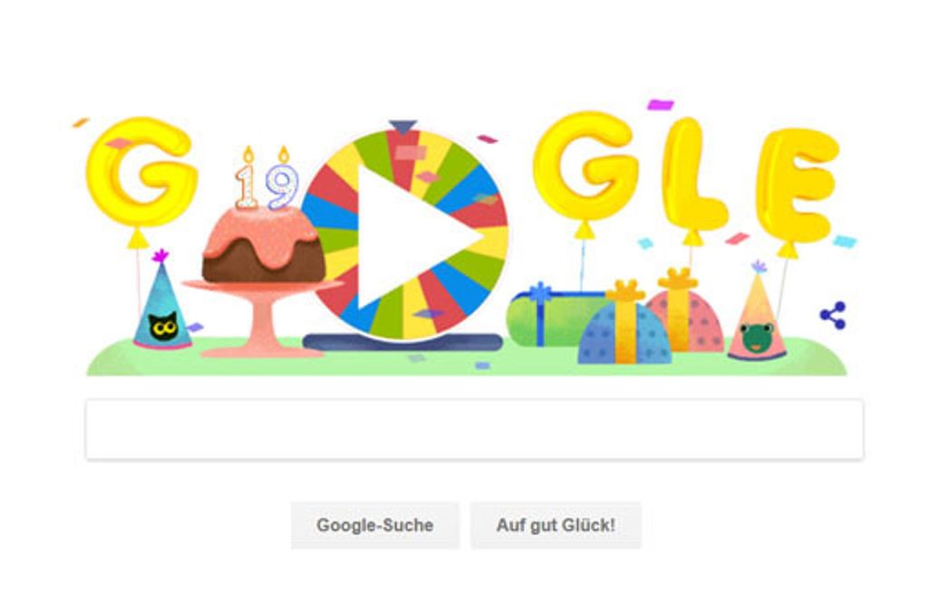 Das Doodle zu Googles 19. Geburtstag – die User dürfen am Glücksrad drehen.