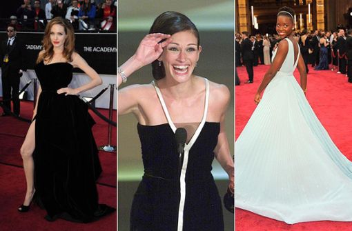 Drei unvergessliche Oscar-Looks (von links): Angelina Jolie in Versace, Julia Roberts in Valentino und Lupita Nyong’o in Prada. Foto: dpa/AP