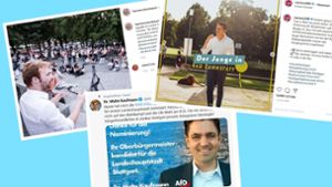 Anstelle von Plakaten und Kugelschreibern schalten einige Stuttgarter OB-Kandidaten politische Anzeigen auf Facebook und Instagram. Foto: Screenshots Facebook/Twitter/Collage: Kriebernig
