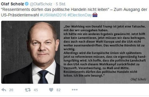 Die Zweifel an der politischen Zukunft der USA überwiegen bei den deutschen Politikern. Foto: Twitter/@OlafScholz