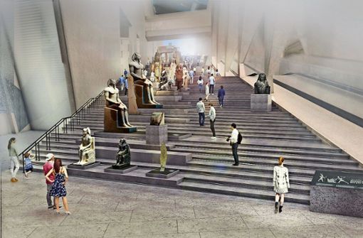 Der Aufgang im Großen Ägyptischen Museum, das in der Nähe der Pyramiden entsteht und in diesem Jahr eröffnet wird. Die Ausstellung gestaltet das Atelier Stuttgart. Foto: Atelier Brückner