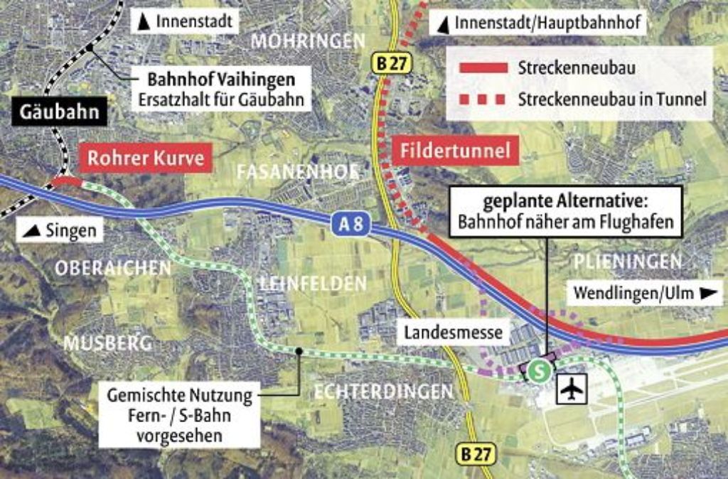 Die neue Lösung am Flughafen mit dem Fernbahnhof soll von der sonstigen S-21-Streckenplanung abgekoppelt werden. Foto: Stadtmessungsamt Stuttgart/StN-Bearbeitung: Lange/Quelle: Deutsche Bahn AG