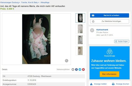 Auf Ebay ist ein Baby zum Kauf angeboten worden. Die Eltern bestreiten, die Anzeige geschaltet zu haben. Foto: eBay Kleinanzeigen/dpa