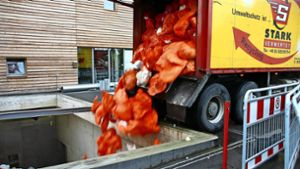 Eine ganz normale Müllladung – von wegen: In den orangefarbenen Säcken befinden sich Inkontinenzsystemabfälle. Foto: Stiftung Liebenau