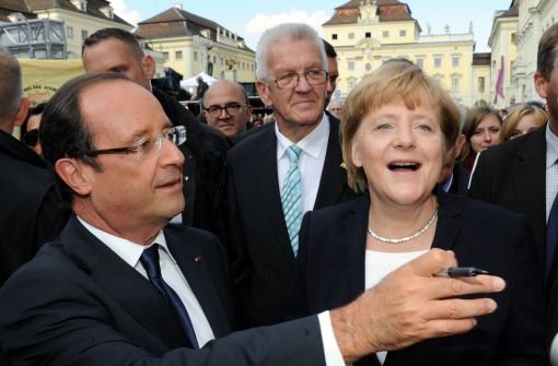 Deutsch-französische Co-Produktion: Bundeskanzlerin Angela Merkel (CDU) und Frankreichs Staatspräsident François Hollande brachten gutes Wetter mit nach Ludwigsburg. Foto: dpa