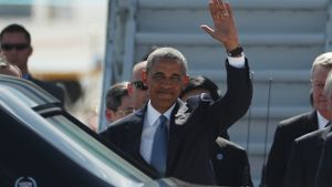 US-Präsident Barack Obama nach der Landung in Hangzhou, wo der G20-Gipfel stattfindet. Foto: AP