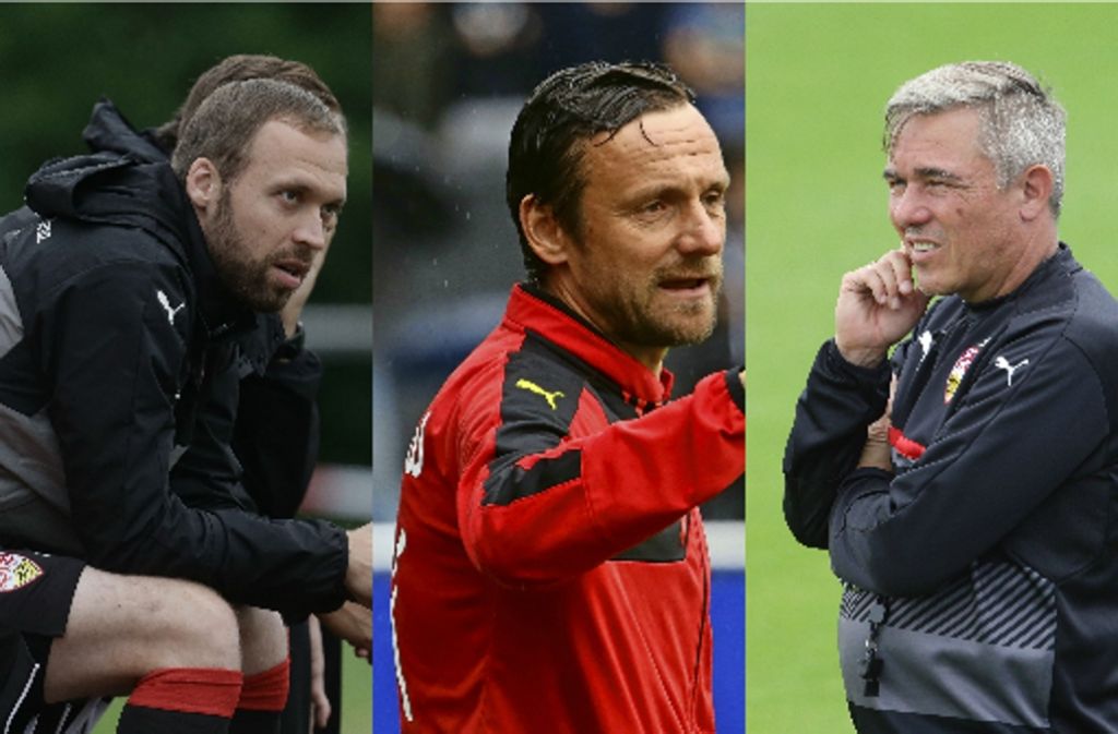 Andreas Hinkel, Heiko Gerber und Olaf Janßen (von links) übernehmen übergangsweise den Trainerjob beim VfB Stuttgart.