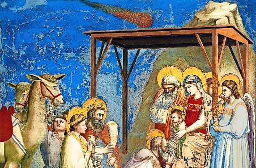 Der Schweifstern über der Krippe in Bethlehem: Fresko des italienischen  Malers Giotto  di Bondone in der Scrovegni-Kapelle in Padua. Foto: Wikipedia