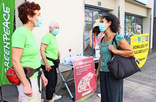 Astrid Rudolf (links) von Greenpeace im Gespräch mit der Passantin Agnes Neuffer aus Sonnenberg Foto: Caroline Holowiecki