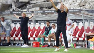 Sportdirektor Sven Mislintat (links) und Trainer Pellegrino Matarazzo (rechts) wollen mit dem VfB Stuttgart so schnell wie möglich den ersten Saisonsieg einfahren. Foto: Pressefoto Baumann/Hansjürgen Britsch