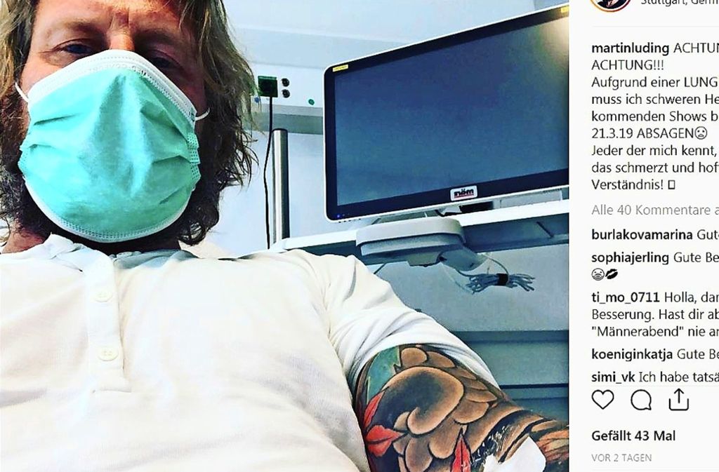 Der Schauspieler Martin Luding  („Caveman“) ist an einer Lungenentzündung erkrankt. Bei Instagram hat er dieses Foto gepostet.