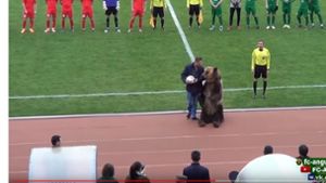 Braunbär Tim vor dem Anpfiff einer Partie in Russlands dritter Liga. Foto: Screenshot Youtube