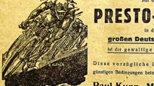 Die Deutschlandfahrt 1938 hat ein örtlicher Händler damals für Werbung genutzt. Foto: Archiv