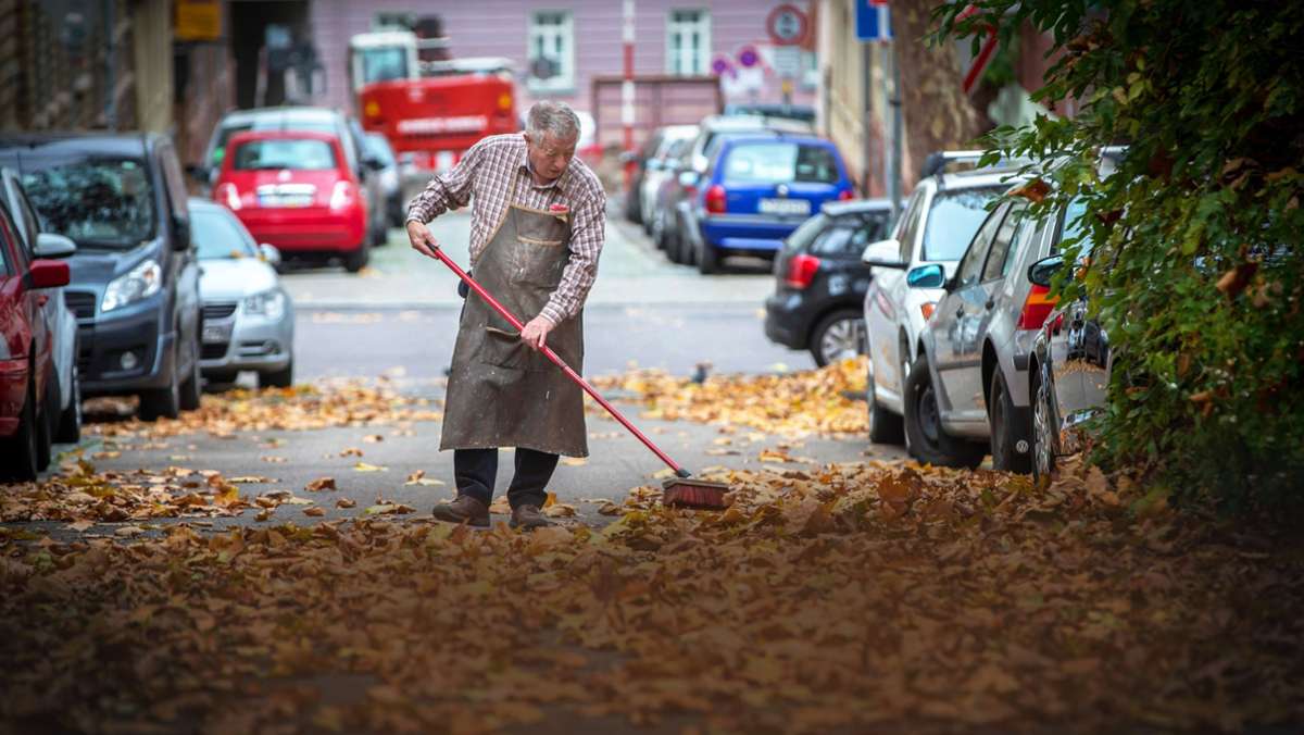 Gehwegreinigung in Stuttgart: Rutschgefahr auf nassen Blättern