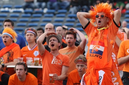Niederländische Fans fiebern beim Spiel gegen Dänemark mit. Im Spiel gegen die deutsche Mannschaft am Mittwoch droht Oranje bereits das EM-Aus. Foto: dpa
