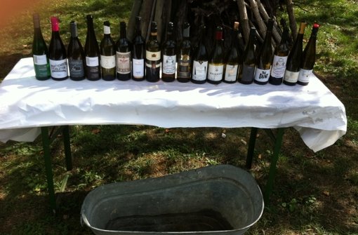 Oben: Die Reihe der mitgebrachten Flaschen beim Weinbergfest, unten: Der Weinkühler Foto: Weier