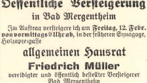 In der Tauber-Zeitung wurde 1943 mit Anzeigen auf die Versteigerung jüdischen Besitzes hingewiesen – verräterisch ist der Ort der Auktion. Foto: Hartwig Behr